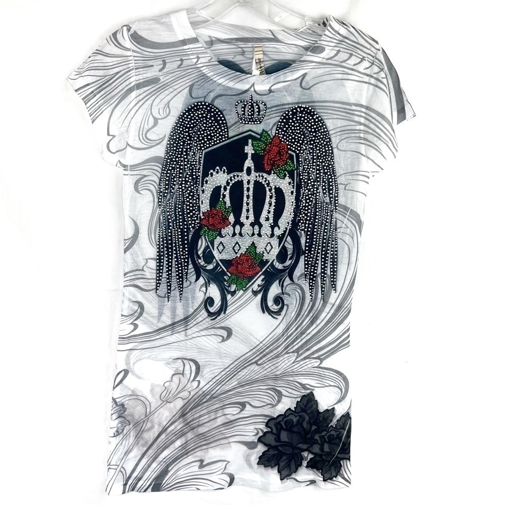 NEW-H.I.P Tee Brand Rhinestone Angels wings and Crown Chick CrewNeck T-Shirt Top